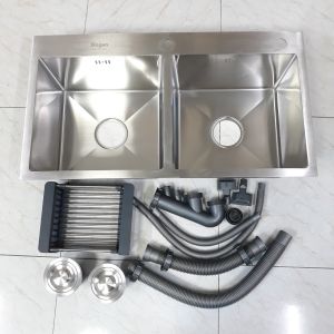 Bồn Rửa Chén 2 ngăn Chậu Rửa Bát 2 hố Inox 304 chậu rửa kích thước 82x45x22 Chậu Đúc dày 2mm - Tặng kèm Bộ Xi Phông