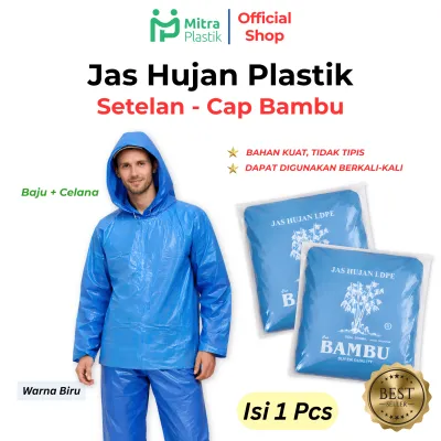 Jas Hujan Plastik Setelan Baju Celana LDPE Cap Bambu Lengan Panjang Kresek Tebal Emergency Raincoat