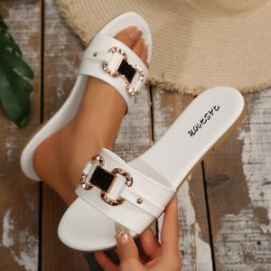 [Free Shipping] New Fashion WomenS Slippers Classic And Versatile Solid Color With Metal Decoration Round-Toe Flat Sandals