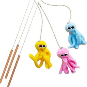 FLYING Plushie Animals Cat Teasing Wands Funny Catcher Long Handle Teaser Stick Rod Cute Octopus Interactive Stick Indoor Play