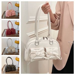 XUNXUAN สไตล์เกาหลีแบบ กระเป๋าริบบิ้นโบว์ลิ่ง เชือกดึง โบว์น๊อต กระเป๋า balletcore Bow bowler แฟชั่นสำหรับผู้หญิง จุได้มาก กระเป๋าสะพายไหล่สีเงิน สาวๆ