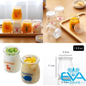 Lọ Thuỷ Tinh / Hũ Thuỷ Tinh In Hoạ Tiết Kèm Nắp Nhựa 100 Ml Dùng Đựng Sữa Chua Hoặc Chưng Yến Tiện Dụng SP1030