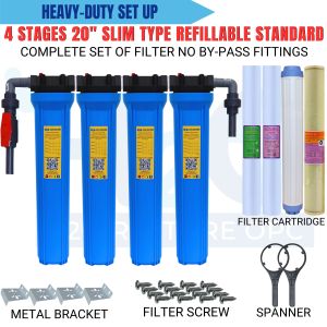 4 Stage 20" Slim Type Refillable Deepwell Water Filtration System Blue Housing Whole House with UPVC Fittings