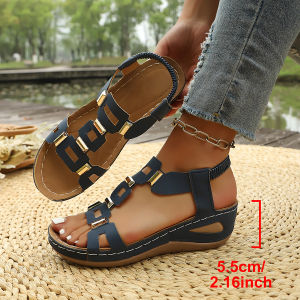 2026 New WomenS Summer Wedge Sandals With Elastic Straps Thick Sole Hollow Design Fashionable And Versatile Plus Size Sandals