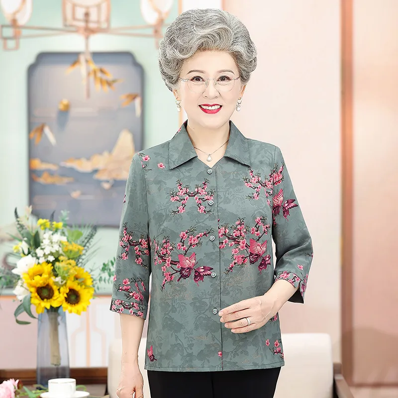 BTB.WO Fashion Grandma clothes shirt 3/4 Sleeve Comfortable Clothes midle  aged and elderly woman shirt 60-80 years old
