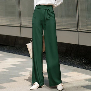 (Cle) Alisa.Sonya Womens High Waist Wide Leg Pants Comfortable Silky Satin Fabric Straight Cut Formal Pants Korean Style Trousers Women Straight Pants with free Belt