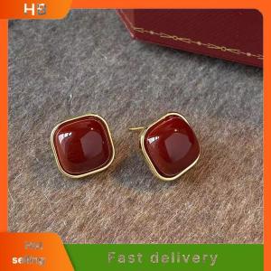 HB Vintage Enamel Wine Red Metal Stud Earrings For Women Fashion Geometric Square Earrings Elegant Wedding Jewelry Accessories