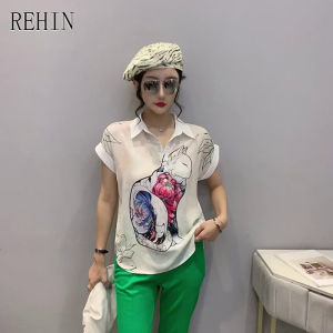 REHIN Womens top Summer new cartoon print short-sleeved shirt loose lapel elegant blouse