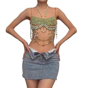 Trendy Womens Halter Neck Tank Top Clubbing Outfit Beaded Body Chain Fashionable Crop Tops Statement Necklace Cami