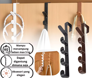 Gantungan Belakang Pintu Lemari Topi Tas 5 Hook Tanpa Paku / Hanger Gantung Baju 5 Kait Multifungsi