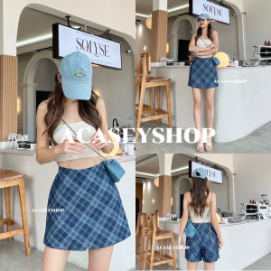 Acasey กางเกงขาสั้นผู้หญิง กางเกงกระโปรง ผ้ายีนส์ ทอลายสก็อต ซิปข้าง