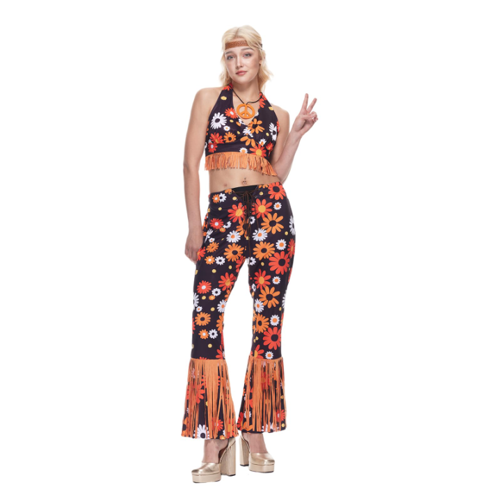 Women Retro Hippie Costume Adult 70s Flower Power Bell Bottoms