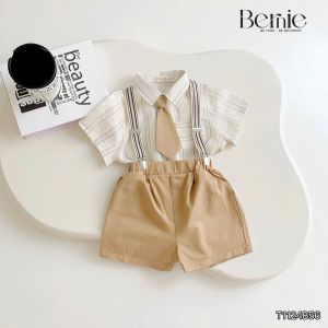 Set bộ sơmi công tử chất đũi kẻ 4 chi tiết quần short kèm đai kẹp và cà vạt 1 đến 6t BERNIE T1124B56