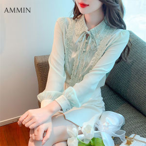 AMMIN  new womens long-sleeved design sense OL professional lace stitched chiffon shirt Korean style fashionable temperament chic bow tie lace embroidered chiffon top