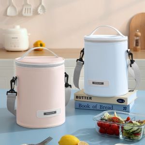 HJKL ป้องกันน้ำ กระเป๋าอาหารกลางวันทรงกระบอก ความจุขนาดใหญ่ ด้วยฟอยล์อลูมิเนียมหนา กระเป๋าเก็บความเย็น แบบสบายๆ หุ้มฉนวน กระเป๋าใส่อาหารกลางวันสำหรับสำนักงาน สำหรับพนักงานออฟฟิศ