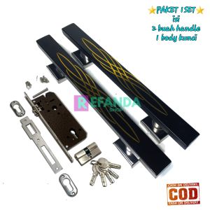 lock body kunci dan 2 buah gagang tarikan pegangan pintu rumah minimalis panjang 33cm dan 45cm bahan stainless steel untuk pintu depan dan kamar