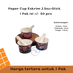 Cup Ice Cream Kertas 2.5oz Motif Random + Sendok Kayu Isi 50pcs l Paper Cup Es Krim 25oz
