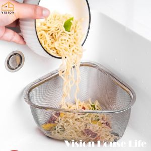Vision Stainless Steel Triangle Mesh Colander Sink Drain Shelf Corner Storage Basket Organizer In-Sink Strainer Kitchen Drain Basket Vegetable Shelving Suction Cup Soap Sponge Rack Storage Tool