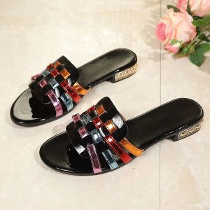 [Free Shipping] 43 Large Size Summer Color-Blocked Low-Heel Slippers 2026 New Woven Hollow-Out Outdoor Slip-On Sandals For Women