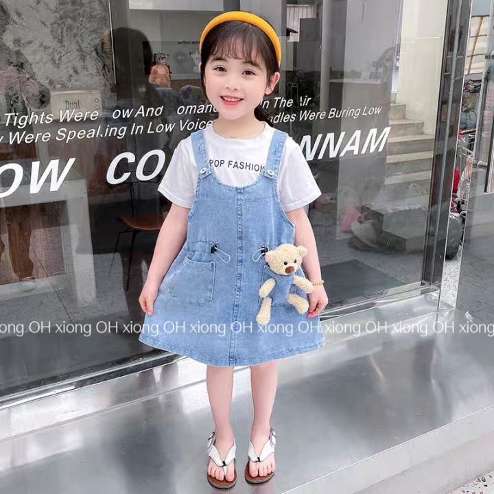 Set đầm Yếm jean kèm áo thun cho bé gái- B8335