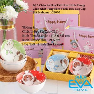 Bộ 6 Chén Sứ Hoạ Tiết Hoạt Hình Phong Cách Nhật Tặng Kèm 6 Đũa Hoa Cao Cấp