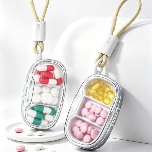 OUTOPEN 3 Compartments Portable Pill Box Frosted Transparent Detachable Lanyard Travel Pill Organizer See-Through Moisture-Proof Mini Vitamin Container Daily Use