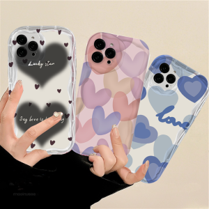 (Lokal Ready) Casesummer Casing hp iPhone 11 12 14 13 12 Pro Max XR 7Plus iPhone 15 Pro Max X XS Max 6s 7 8 6 Plus SE 2020 3D Wavy Curved Edge Art Watercolour Love Heart Soft Case