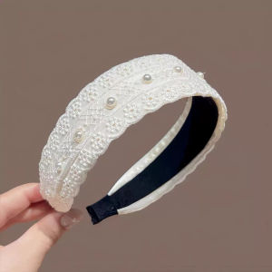 Headband Wanita Lace Bunga Beige Pearl Hairband Lebar Elegan Aksesori Rambut Fashion Korea Sesuai Wear Cekak米色花朵蕾丝珍珠发箍