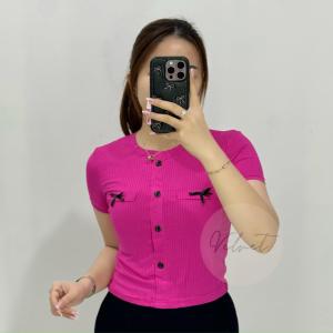 Crop Top Pita Kancing Wanita / Atasan Crop Knit Bow Top 5831 lengan pendek
