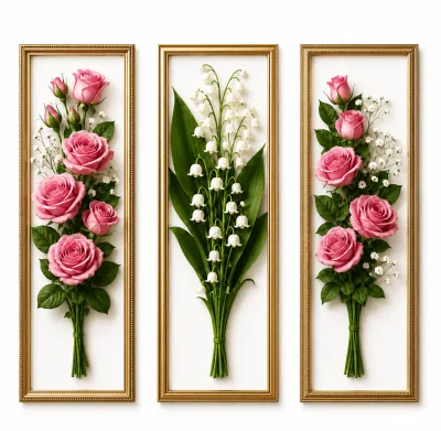 3 pcs hiasan dinding Estetik 3D gambar bunga mawar pink background putih 10X28CM