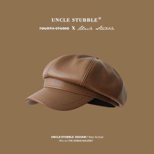 หมวกเบเร่ต์หนังหรูหราสำหรับผู้หญิงหมวกแปดเหลี่ยมแฟชั่นความอบอุ่นฤดูหนาว