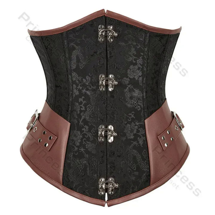 Steampunk Underbust Corset Leather Brown Pirate Corset Belt Lace Up Back Jacquard Corset Vintage 2428