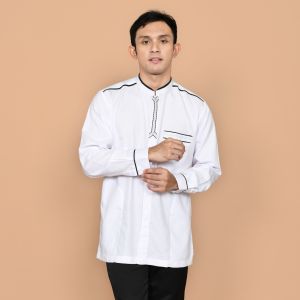 Elrumi (BONUS DUS) MOERBA Baju Koko Putih Pria Lengan Panjang Kombinasi Katun Embossed Bordir Tengah L XL XXL 3XL 4XL