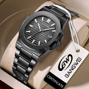 LIGE Sub Brand BANGWEI New Watch Men Business Waterproof Clock Luminous Date Stainless Steel Square Quartz Men Watch + Box