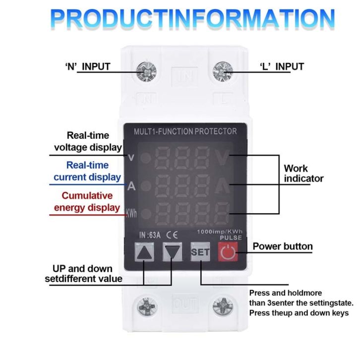 Adjustable 2P 63A Multifunction Digital AC Monitor Current Energy Power ...