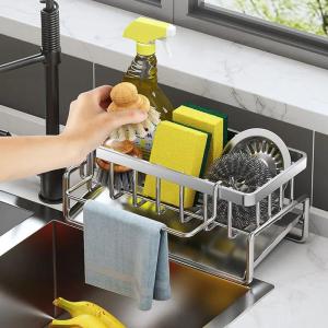 BIRR 304 Stainless Steel Sponge Soap Rag Cloth Drain Rack Automatic Drainage Kitchen Sink Storage Organizer Adjustable Grid