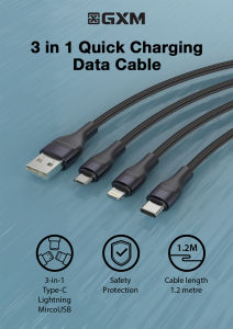 GXM 100W 3 in 1 Quick Charging Data Cable iP Type-C MicroUSB Safety Protection 1.2M Cable Length Triple Simultaneous Charging Cable