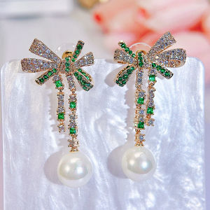 Sequito tuyệt đẹp trang sức nữ đầy đủ Micro Pave xanh trắng AAA Zircon lập phương màu vàng màu vàng engagement đồ trang trí ngọc trai bông tai thả dài se913