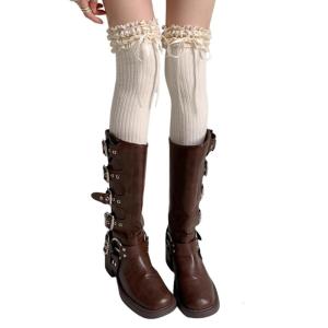 Womens Japanese Student Cotton Over Knee Socks Ruffle Lace Top Sweet Bowknot Thigh High Stockings Leg Warmers Hosiery
