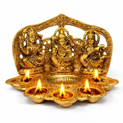Traditional Metal Lakshmi Ganesha Saraswati Idol with 5-Wick Diya | Decorative Pooja Lamp for Home Office & Diwali Gifting (Size-12×20 cm | Weight - 486g)