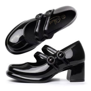 New Womens fashionable glossy black shoes rubber non-slip 5CM high heel comfortable black shoes for wearing outdoors Korean style high quality waterproof suitable for school or work 0120523