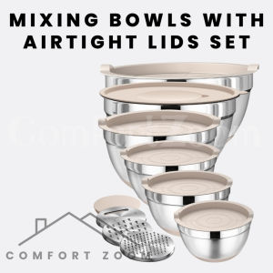 Stainless Steel Mixing Bowls with Lids Set / Non-Slip Bottom Khaki Bowls with Grater Attachments