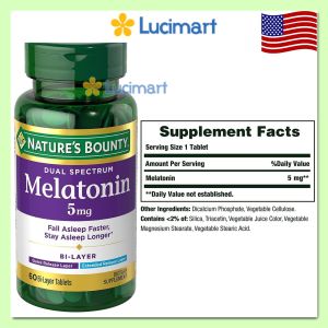 Viên uống hỗ trợ giấc ngủ Melatonin 5mg Dual Spectrum Nature’s Bounty hũ 60 viên [Hàng Mỹ]