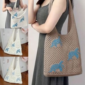 XU HOME ตัวการ์ตูนเต่า กระเป๋าสะพายถัก ถัก กลวง กระเป๋าถือ ใหม่ ความจุขนาดใหญ่ กระเป๋าบัคเก็ต ผู้หญิง