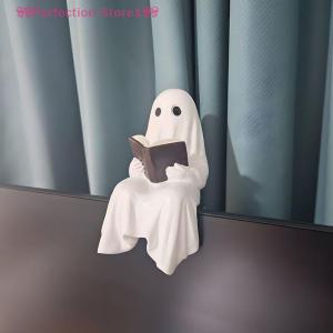🎀Perfection Store1🎀 Halloween Ghost Figurine Ghost Reading Statue Resin Sitting Ghosts Figurine Reading A Book For Halloween Bookshelf Office Decor
