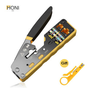 HONI RJ45 Crimp Tool Pass Through Ethernet Crimper for Cat5e Cat6 Cat6A Modular Plugs All-in-One Cat6 Crimping Tool