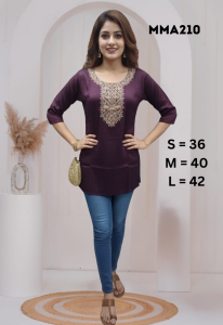 Short Kurtis for Women 2 MMA Series - Purple Embroidered Tunic - Fits S 36 M 40 L 42 - Casual Wear