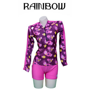 RAINBOW 2pcs design top with plain shorts rashguard swimwear L/S swimsuit rush guard for women