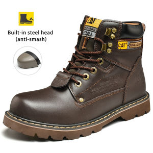 Caterpillar Safety Shoes For Men Steel Toe Shoes First Layer Cowhide Leather Outdoor Leisure High Cut Boots Work Shoes