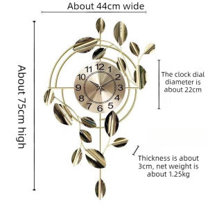 Large Aesthetic Luxury Metal Wall Clock with Gold Leaves for Home Living Room Corridor Decor